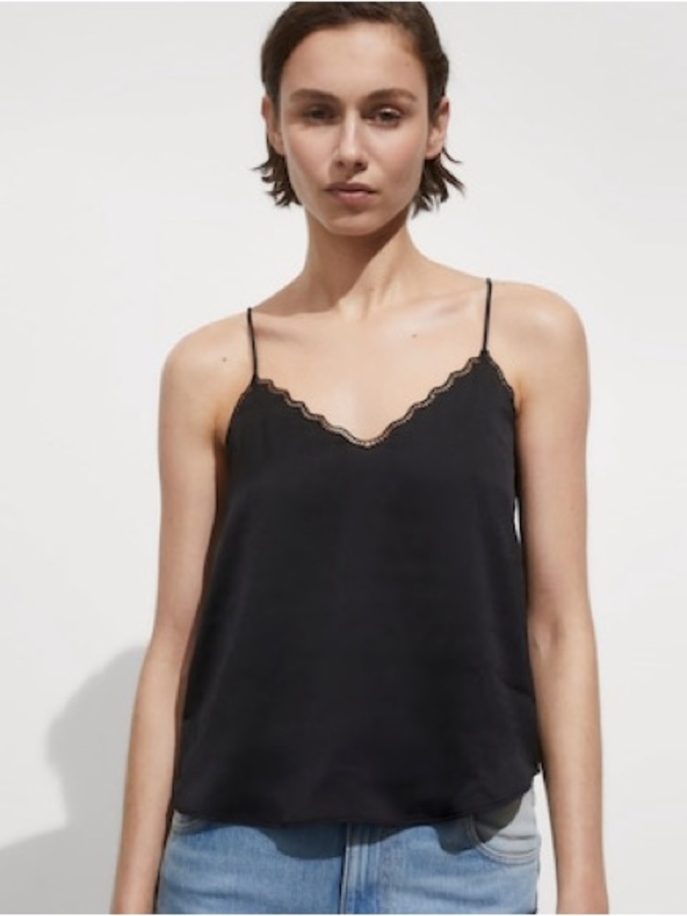 Black Lace-Trim Spaghetti Strap Cami Top XS - Mango